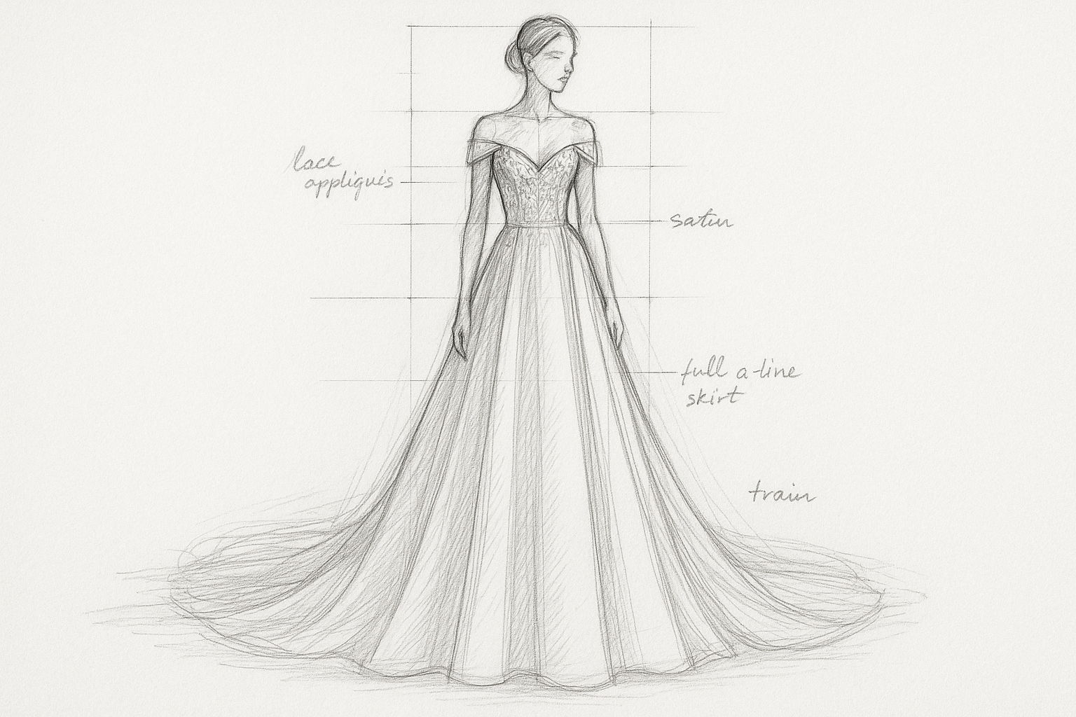 bocetaje de traje de novia, papel, lapiz y trazados